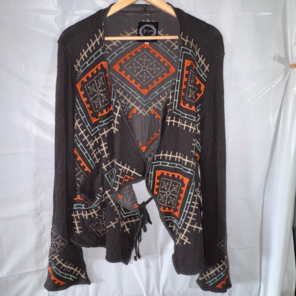 Biya Johnny Was Embroidered Cotton Cardigan Sm Gray Boho Open Front Tie Aztec